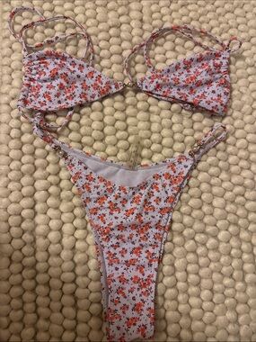 SHEIN White Triangle Bikini with Orange Floral Print